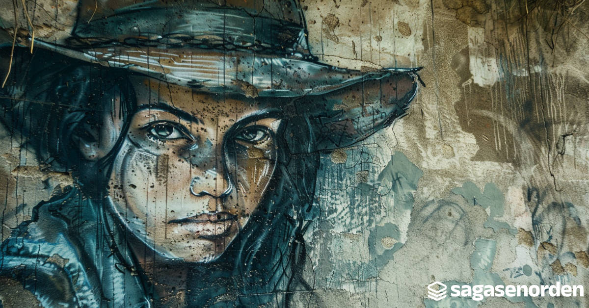 Graffiti of person with hat on textured wall.