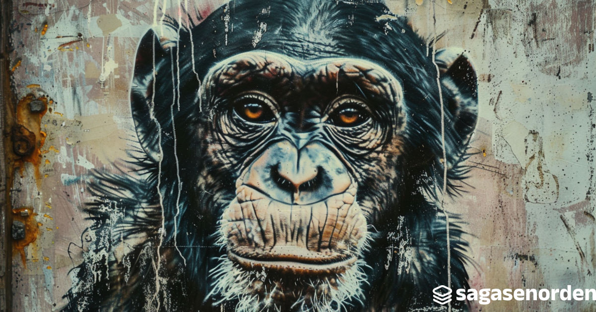 Arte callejero de la cara detallada de un chimpancé con un fondo urbano desgastado, logotipo de 