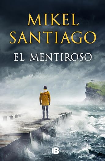 Portada libro "El Mentiroso" - Hombre en muelle tempestuoso.