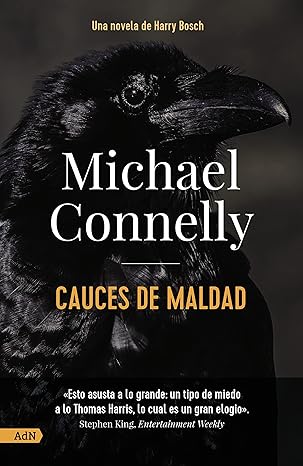 Book cover with crow, "Cauces de Maldad" by Michael Connelly.